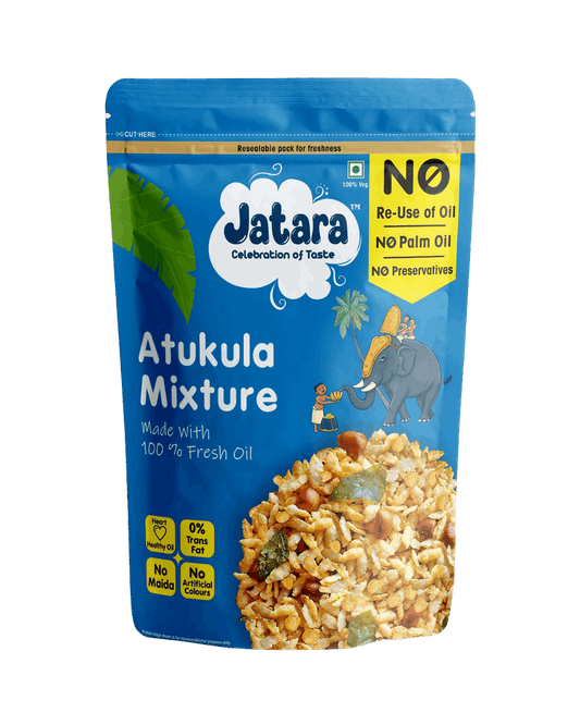 Jatara Atukula Mixture (poha/flattened rice trail mix) in a stand-up pouch
