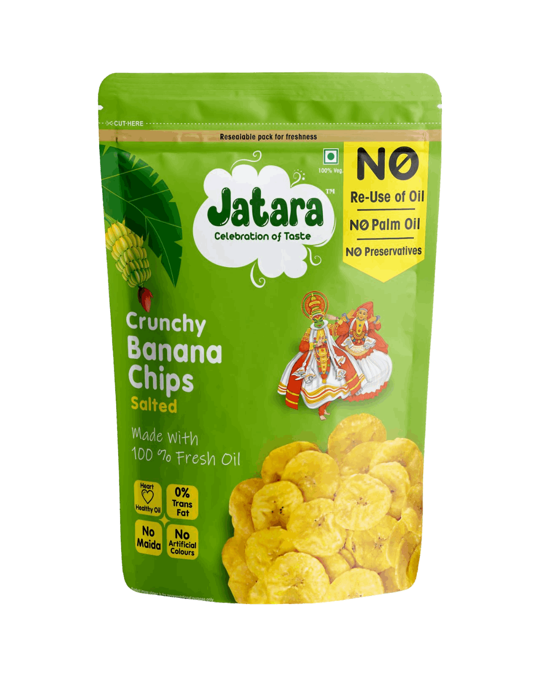 Jatara thin-cut salted kerala plantain chips snack in a stand-up pouch.