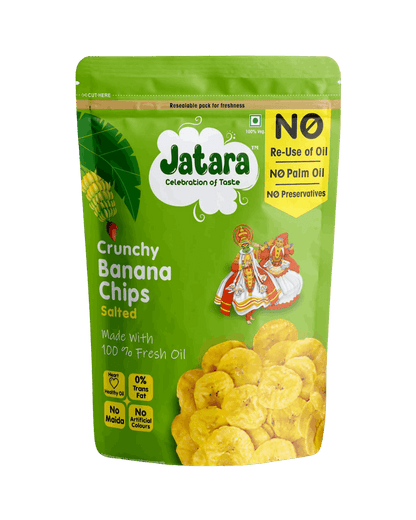 Jatara thin-cut salted kerala plantain chips snack in a stand-up pouch.
