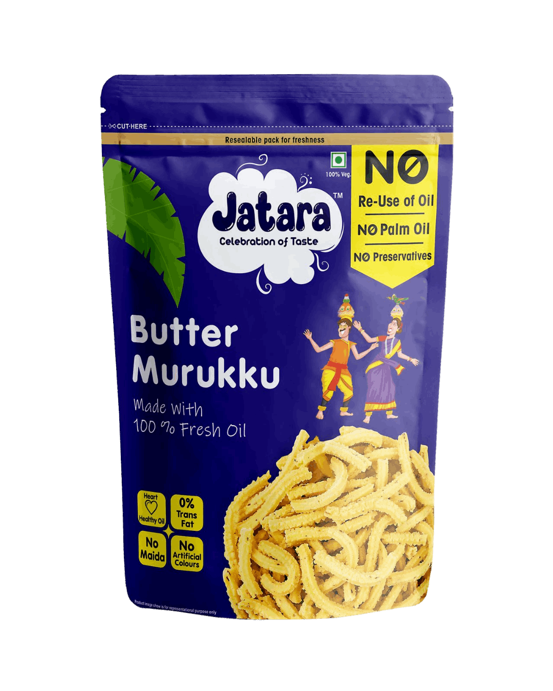 Traditional South Indian Jatara Butter Murukku (venna murukku) in a stand-up pouch.