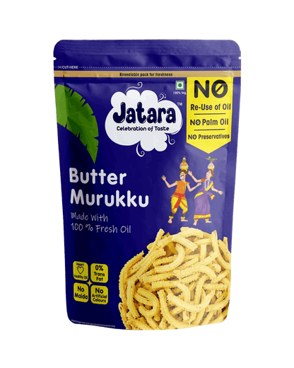 Traditional South Indian Jatara Butter Murukku (venna murukku) in a stand-up pouch.