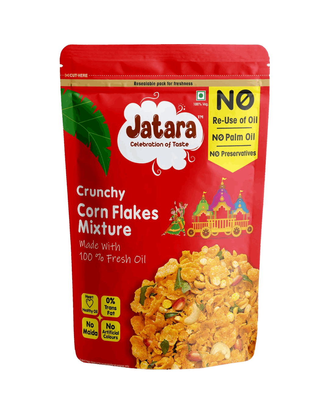 Crispy Indian savory(trail mix) Jatara Corn Flakes Mixture snack in a resealable pouch.