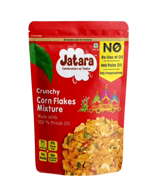 Crispy Indian savory(trail mix) Jatara Corn Flakes Mixture snack in a resealable pouch.