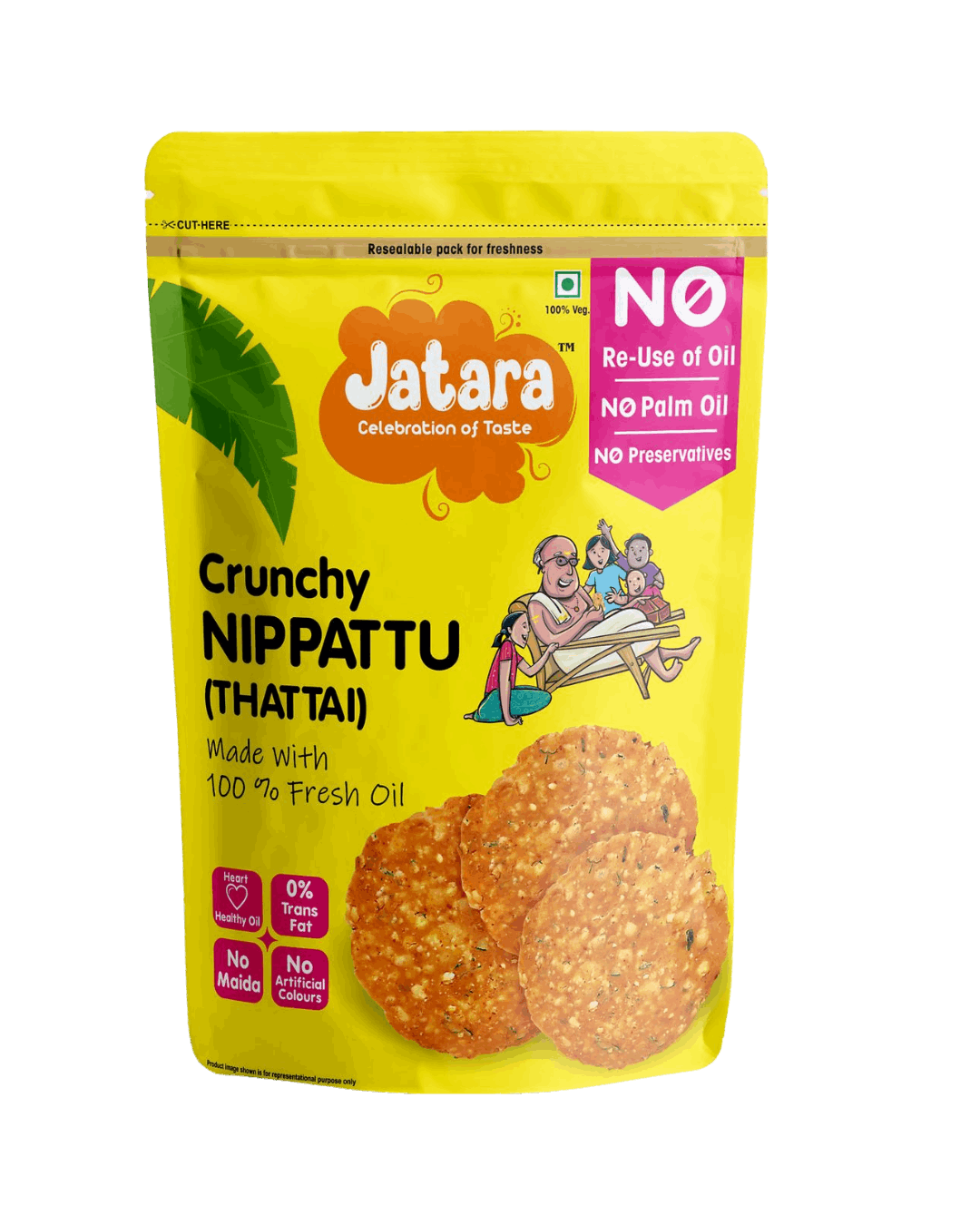 Crispy flat Jatara Nippattu or Thattai South Indian savory snack in a resealable pouch