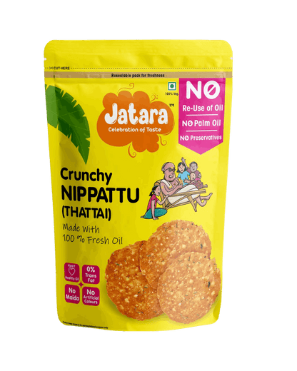 Crispy flat Jatara Nippattu or Thattai South Indian savory snack in a resealable pouch