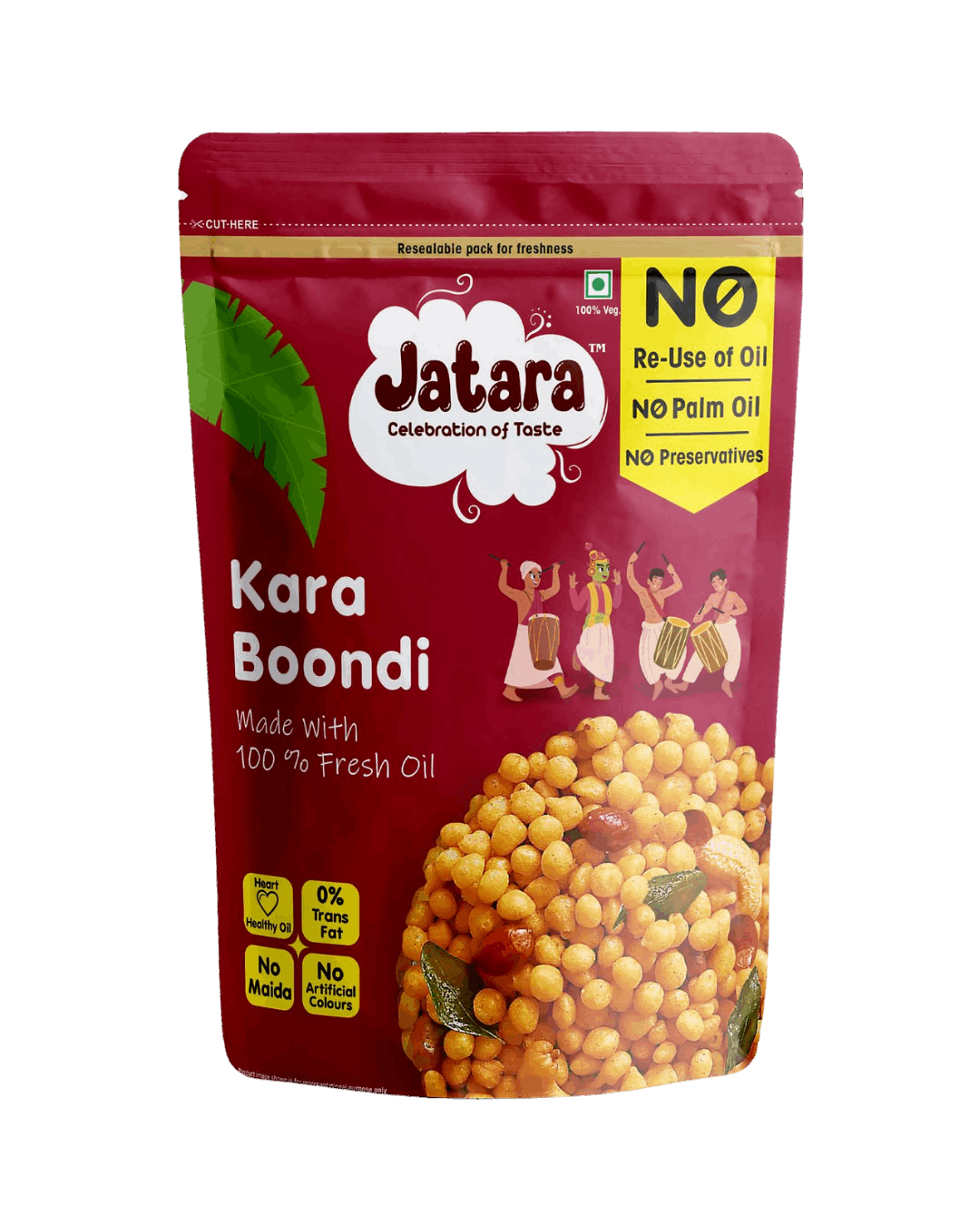 Spicy South Indian Jatara Kaara Boondhi savory snack in a resealable pouch.