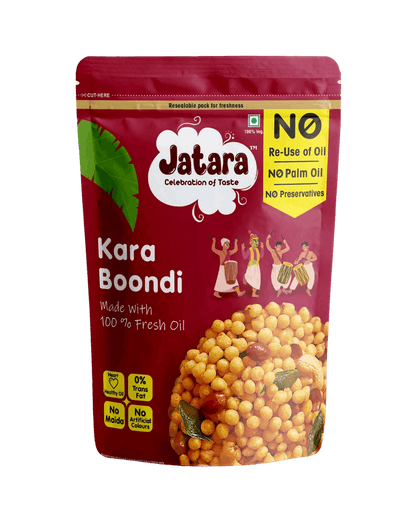 Spicy South Indian Jatara Kaara Boondhi savory snack in a resealable pouch.