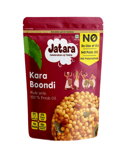 Spicy South Indian Jatara Kaara Boondhi savory snack in a resealable pouch.