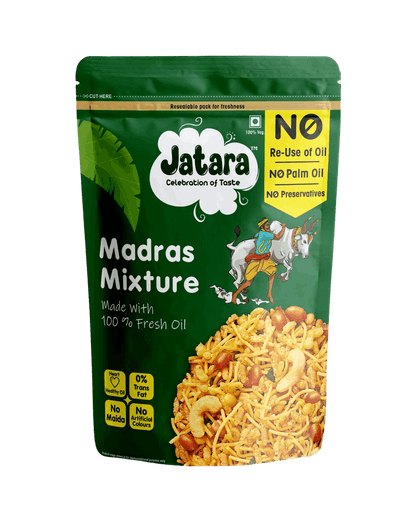 Traditional South Indian Jatara Madras Mixture savory snack mix in a resealable pouch