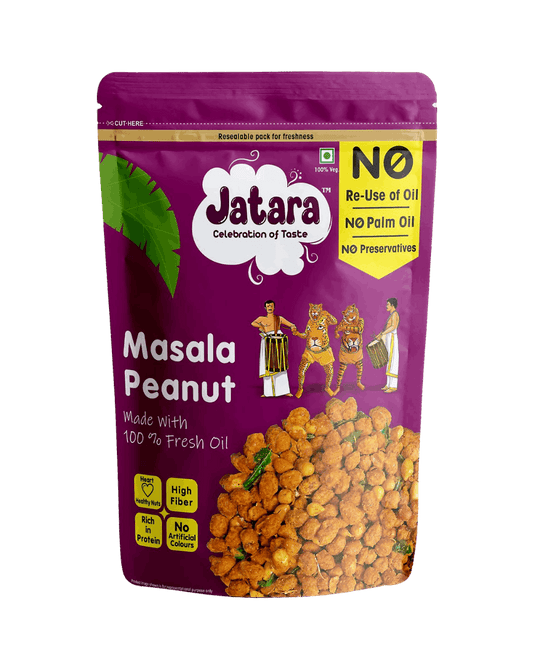 Jatara crunchy Masala Peanuts (spiced coated groundnuts) in a stand-up pouch.