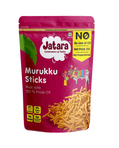 Jatara crunchy thin Murukku Sticks (chakli) Indian snack in a stand-up pouch.