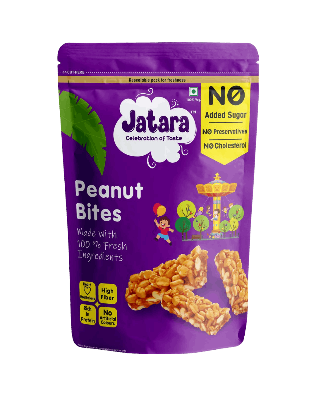 Jatara Peanut Bites, a traditional Jaggery Chikki snack, in resealable packaging.