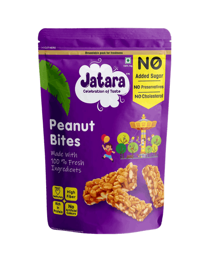 Jatara Peanut Bites, a traditional Jaggery Chikki snack, in resealable packaging.