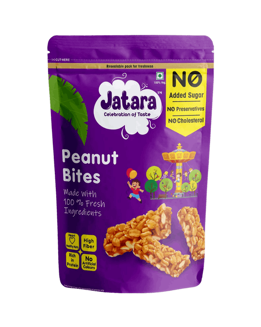 Jatara Peanut Bites, a traditional Jaggery Chikki snack, in resealable packaging.