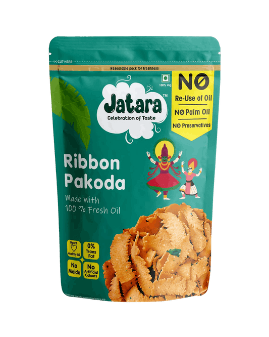 Jatara Snacks traditional South Indian Ribbon Pakoda in a resealable stand-up pouch.