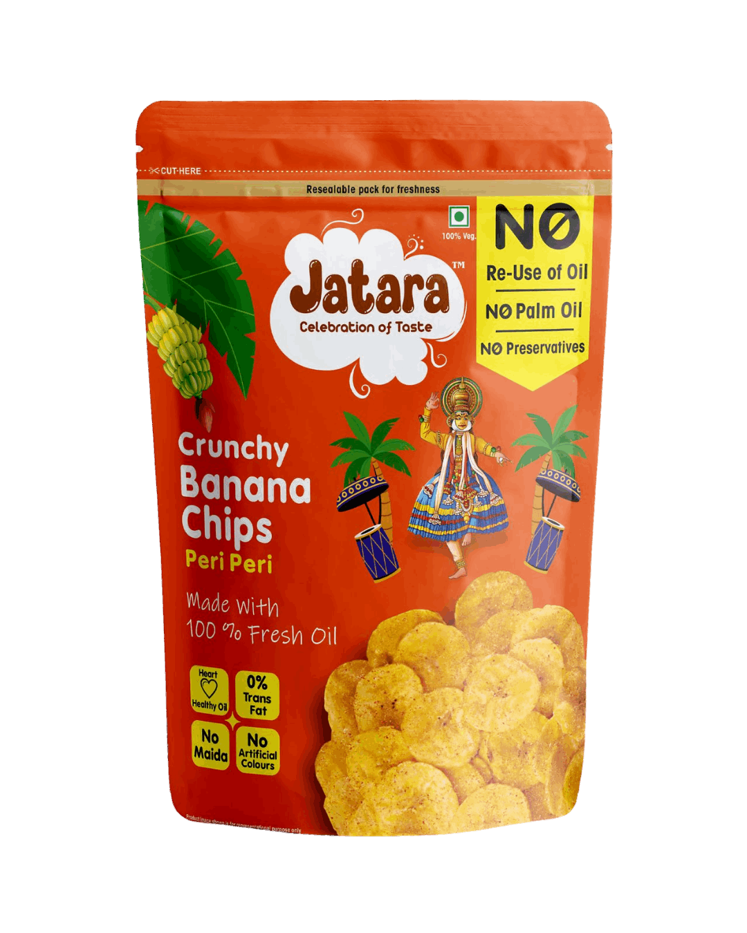 Jatara Crunchy Kerala Peri Peri Banana Chips, spicy flavored healthy vegan snack pouch.