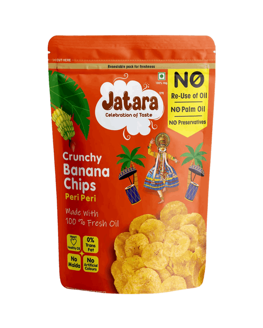 Jatara Crunchy Kerala Peri Peri Banana Chips, spicy flavored healthy vegan snack pouch.