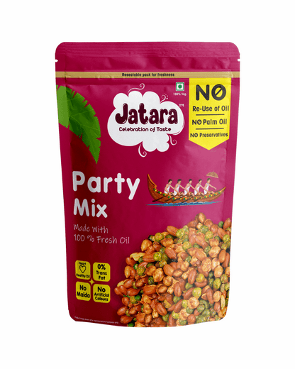 Jatara Party Mix stand-up pouch with roasted chickpeas, green peas, gram dal, and peanuts.